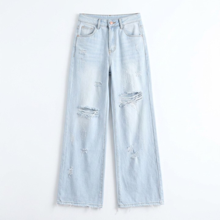 Jeans Wide Leg Mujer Azul Claro Rotura Rodillas