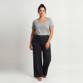 Jeans Wide Leg Mujer Negro Tachuelas Laterales