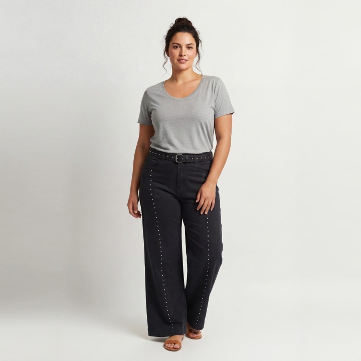 Jeans Wide Leg Mujer Negro Tachuelas Laterales