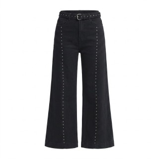 Jeans Wide Leg Mujer Negro Tachuelas Laterales