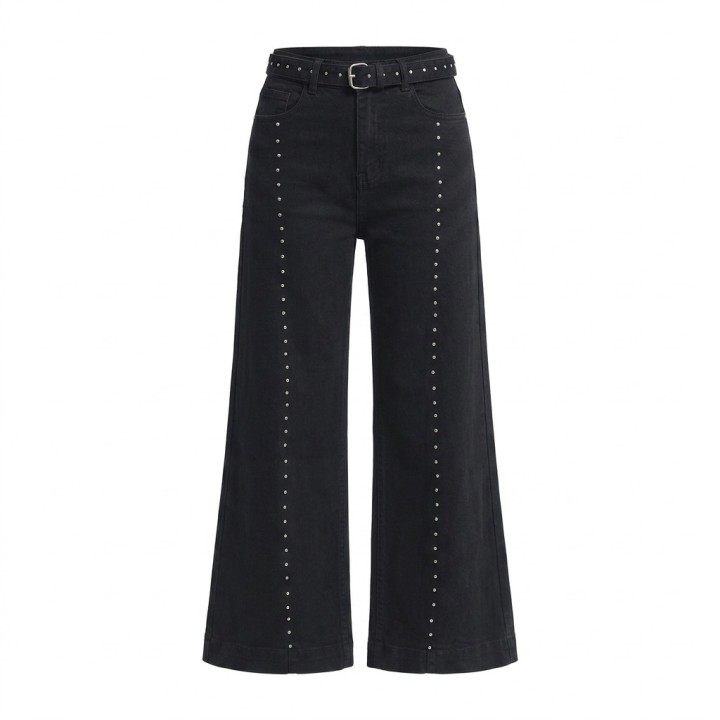 Jeans Wide Leg Mujer Negro Tachuelas Laterales