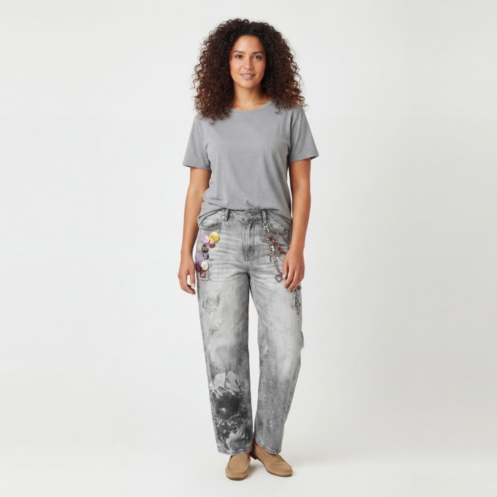 Jeans Baggy Mujer Gris Delavado Estampado Artístico
