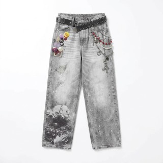 Jeans Baggy Mujer Gris Delavado Estampado Artístico