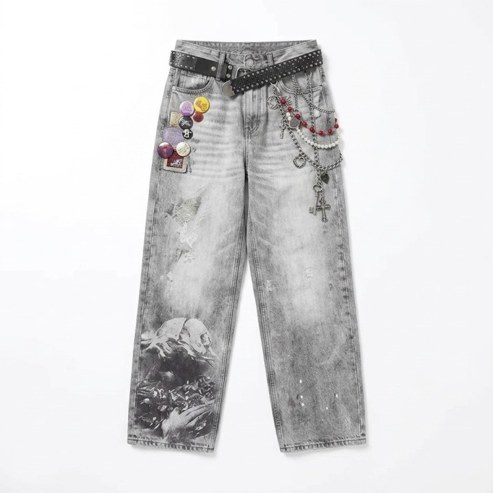 Jeans Baggy Mujer Gris Delavado Estampado Artístico