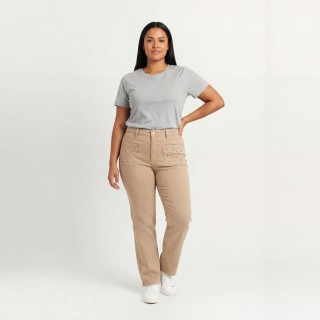 Pantalón Recto Mujer Camel Bolsillos con Perlas