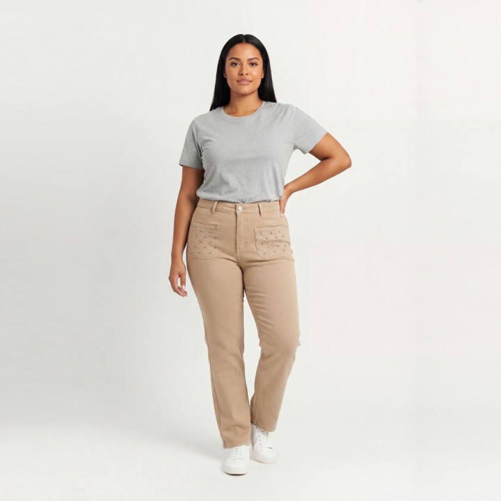 Pantalón Recto Mujer Camel Bolsillos con Perlas