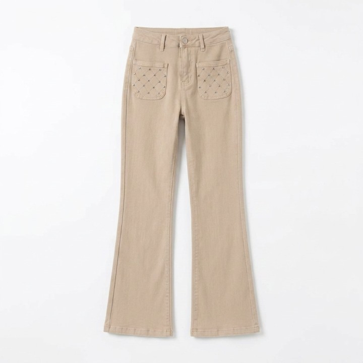 Pantalón Recto Mujer Camel Bolsillos con Perlas