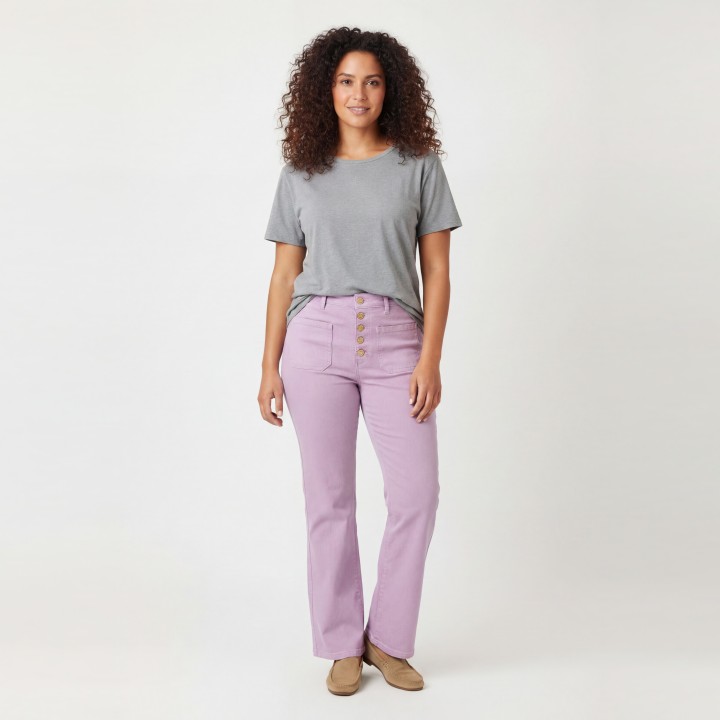 Pantalón Wide Leg Mujer Lila Botones Dorados