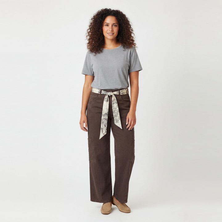 Pantalón Wide Leg Mujer Marrón Chocolate Pañuelo