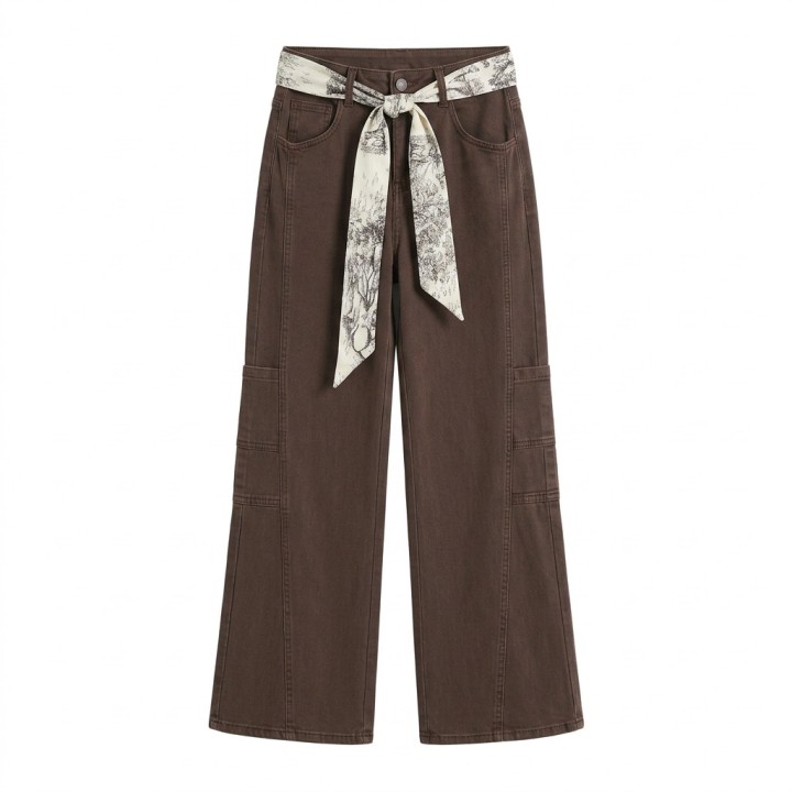 Pantalón Wide Leg Mujer Marrón Chocolate Pañuelo