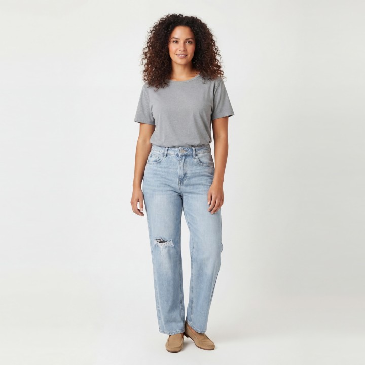 Jeans Wide Leg Rotos Mujer Azul Claro