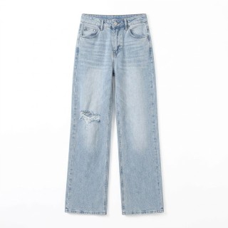 Jeans Wide Leg Rotos Mujer Azul Claro