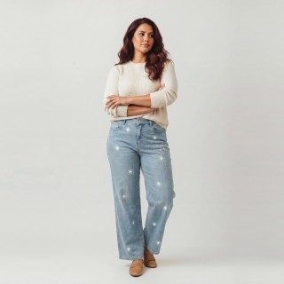 Jeans Wide Leg con Brillos Mujer Azul Claro