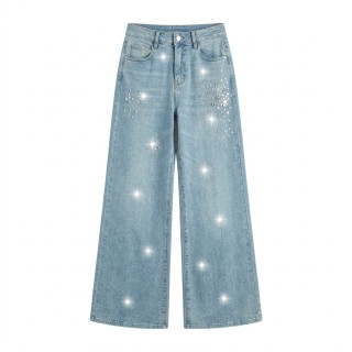 Jeans Wide Leg con Brillos Mujer Azul Claro