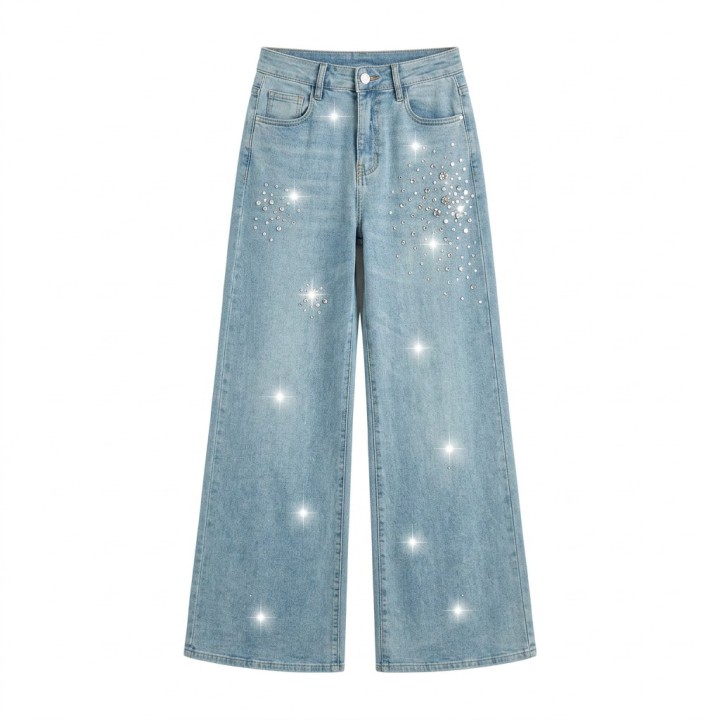 Jeans Wide Leg con Brillos Mujer Azul Claro