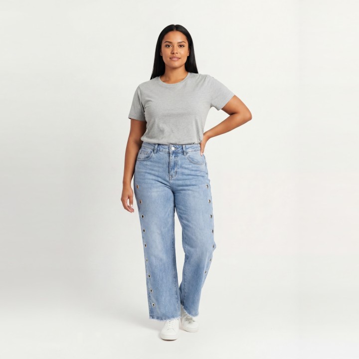 Jeans Wide Leg con Ojetes Laterales Mujer