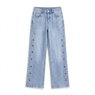 Jeans Wide Leg con Ojetes Laterales Mujer