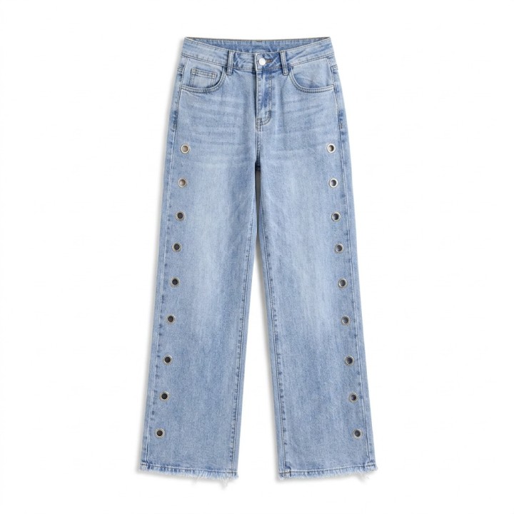 Jeans Wide Leg con Ojetes Laterales Mujer