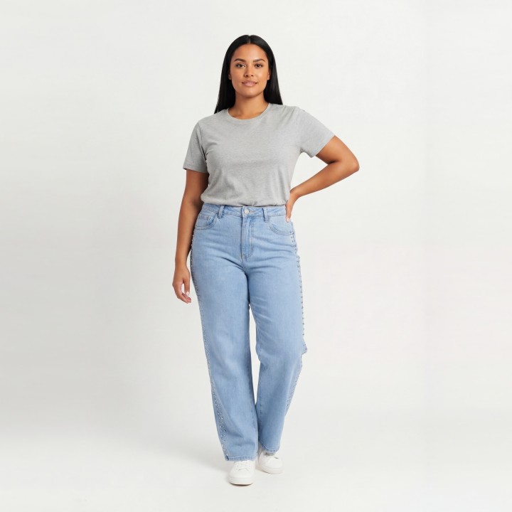 Jeans Wide Leg con Remaches Plateados Mujer