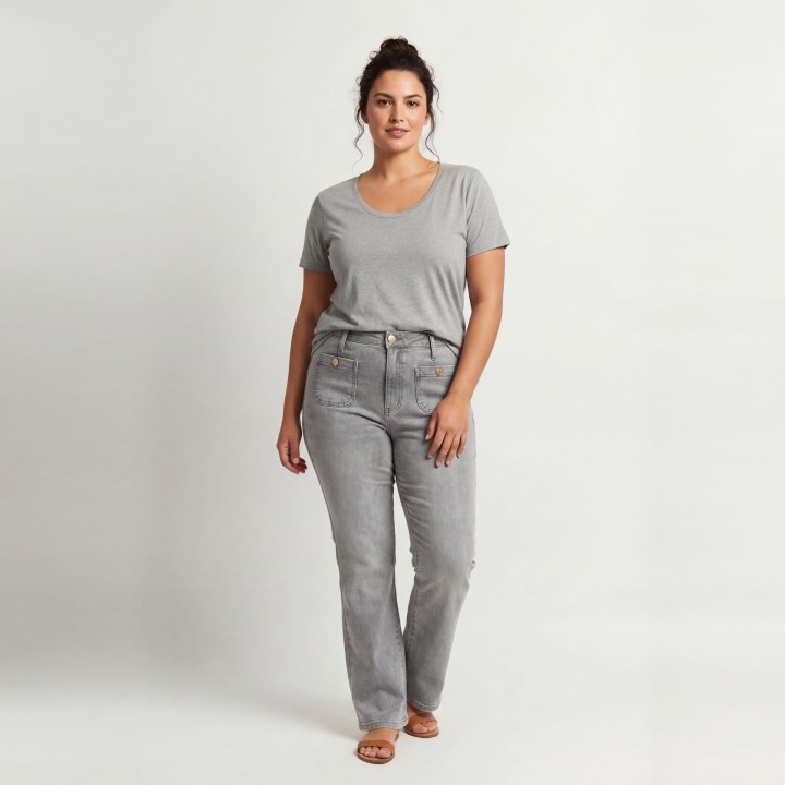 Jeans Flare Gris Mujer Bolsillos Delanteros