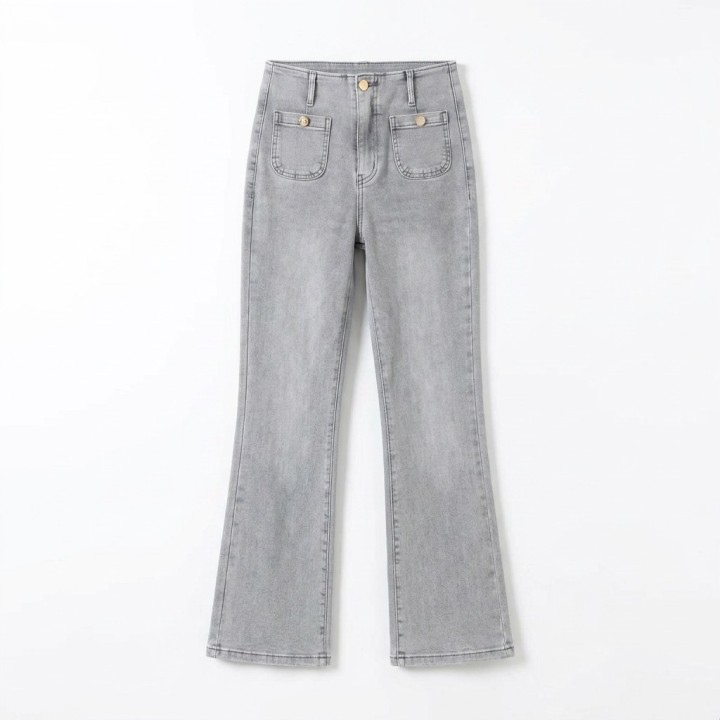 Jeans Flare Gris Mujer Bolsillos Delanteros