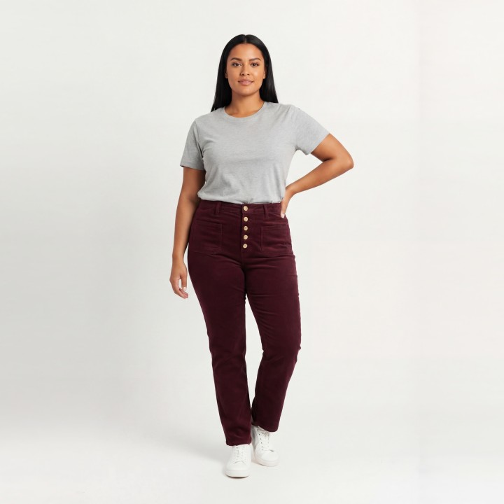 Pantalón Recto Burdeos Mujer con Botones