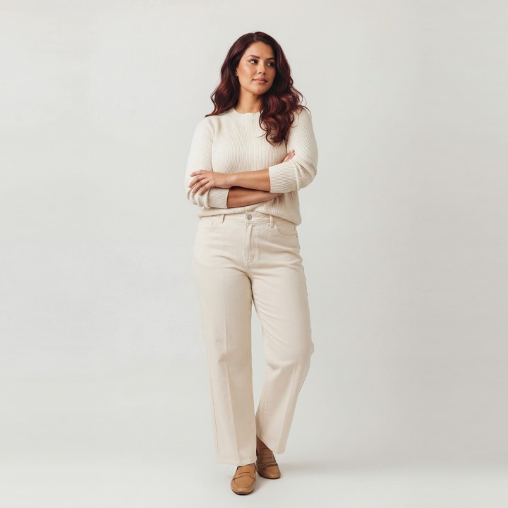 Pantalón Wide Leg Crema Mujer Cintura Alta