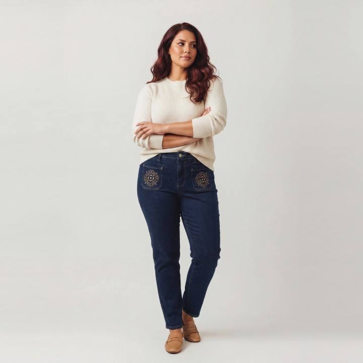 Jeans Recto Azul Marino con Bordado Floral Mujer
