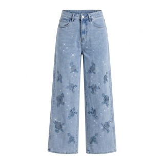 Jeans Wide Leg Bordado Floral con Strass Mujer