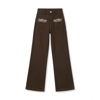 Pantalón Wide Leg Marrón con Bordado Mujer