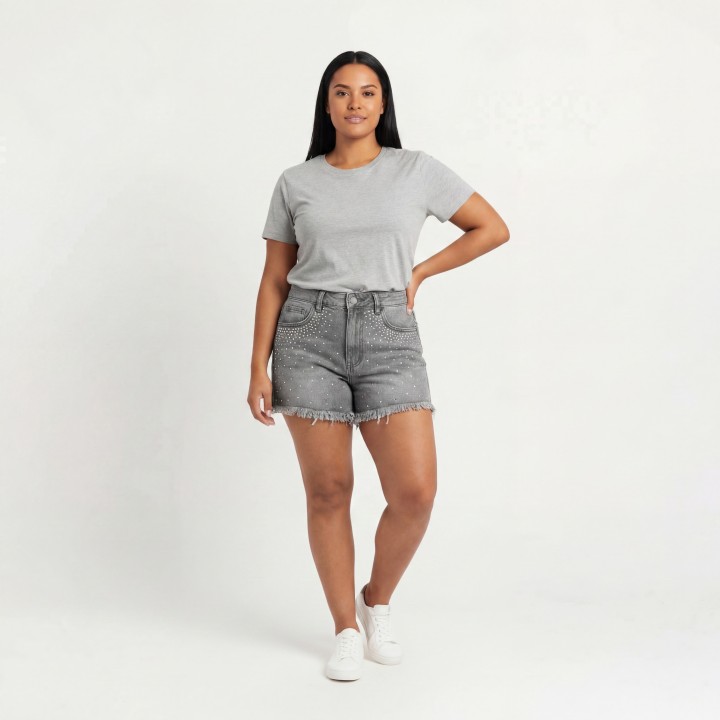 Shorts Vaqueros Grises con Strass Mujer