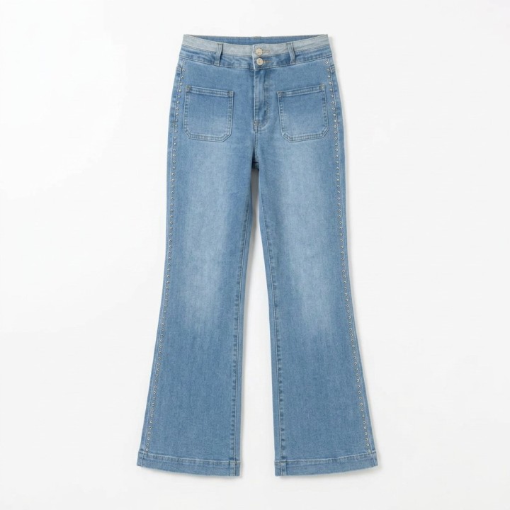 Jeans Wide Leg Azul Claro con Strass Lateral Mujer