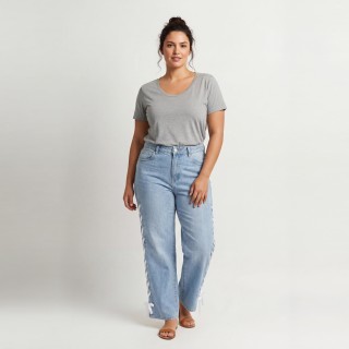 Jeans Wide Leg Mujer Azul Claro con Flecos Laterales
