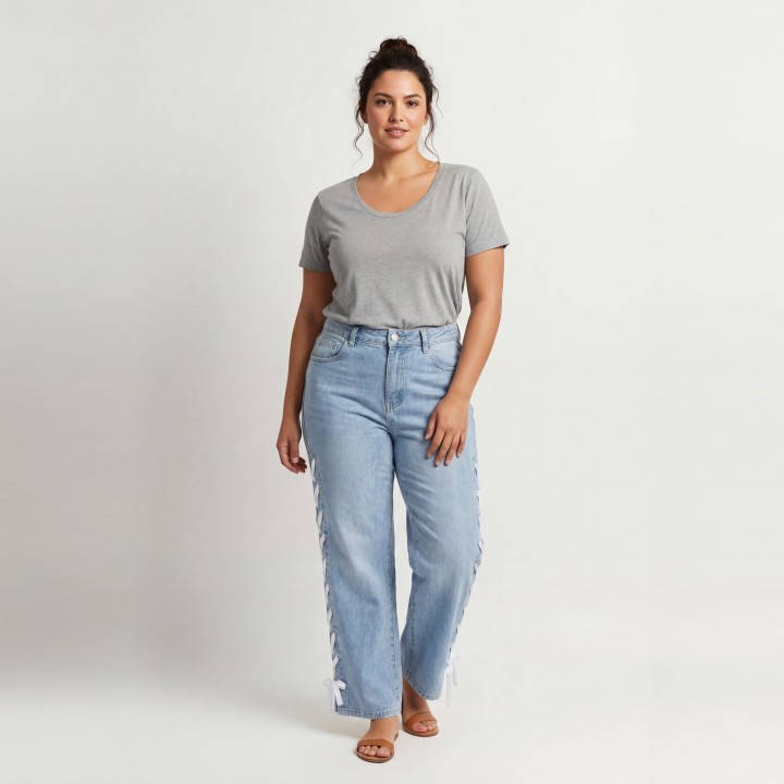 Jeans Wide Leg Mujer Azul Claro con Flecos Laterales