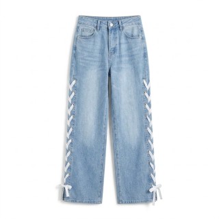 Jeans Wide Leg Mujer Azul Claro con Flecos Laterales