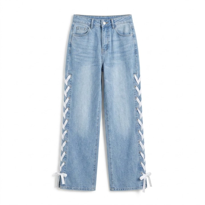 Jeans Wide Leg Mujer Azul Claro con Flecos Laterales
