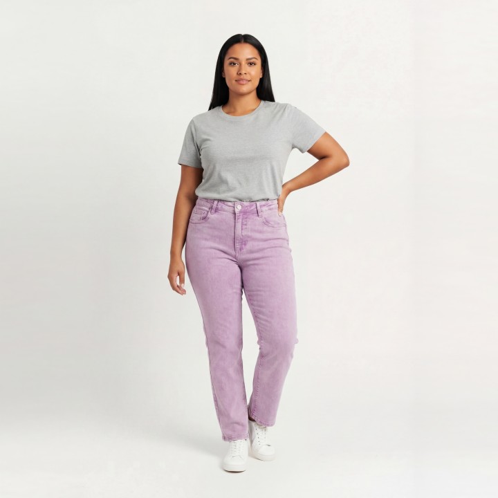 Jeans Rectos Mujer Lila Lavado Piedra