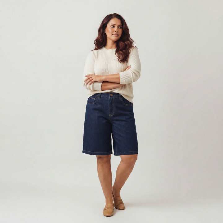 Bermuda Wide Leg Mujer Vaquero Oscuro Talla Grande