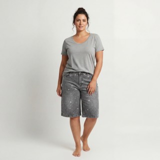 Bermuda Culotte Vaquera Mujer Gris con Strass