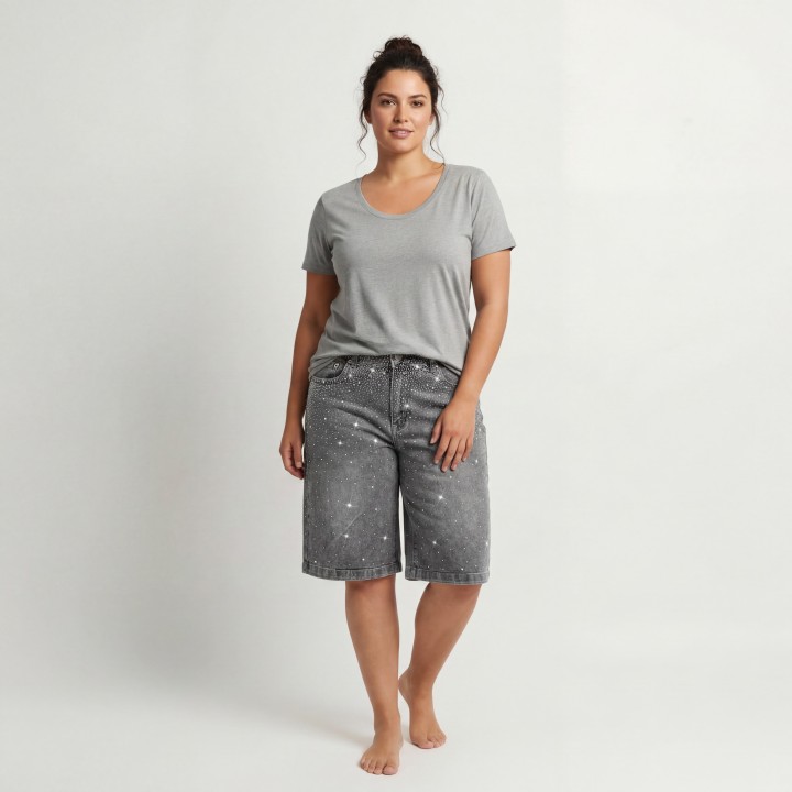 Bermuda Culotte Vaquera Mujer Gris con Strass