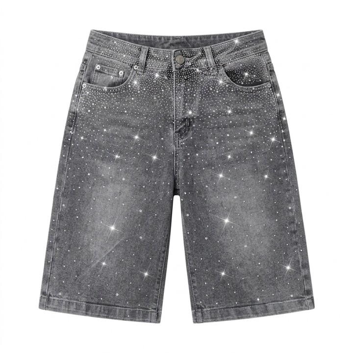Bermuda Culotte Vaquera Mujer Gris con Strass