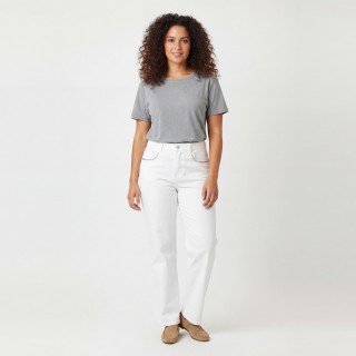 Jeans Wide Leg Mujer Blanco con Bolsillos Strass Rosa