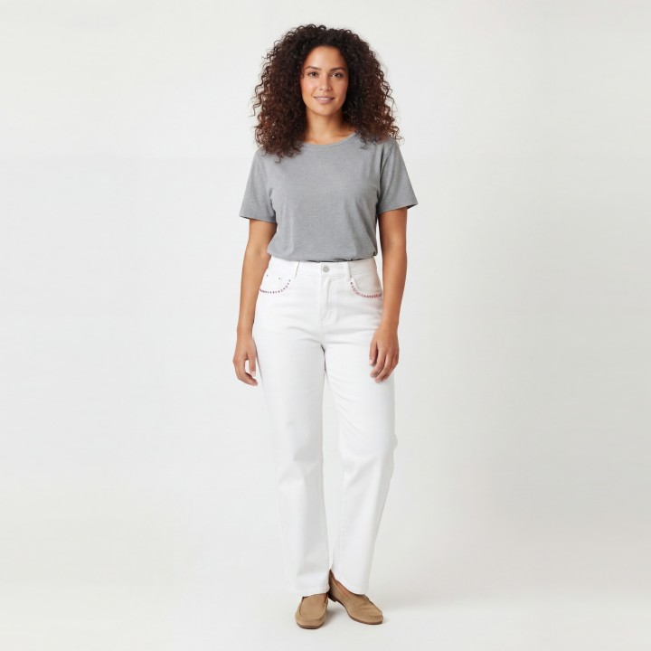 Jeans Wide Leg Mujer Blanco con Bolsillos Strass Rosa