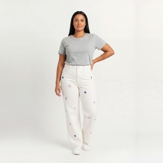 Jeans Wide Leg Mujer Crudo con Bordados Fantasía