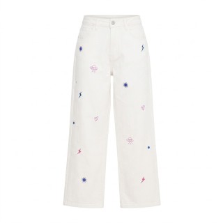 Jeans Wide Leg Mujer Crudo con Bordados Fantasía