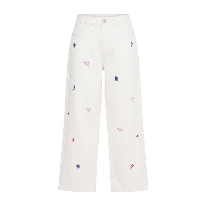Jeans Wide Leg Mujer Crudo con Bordados Fantasía