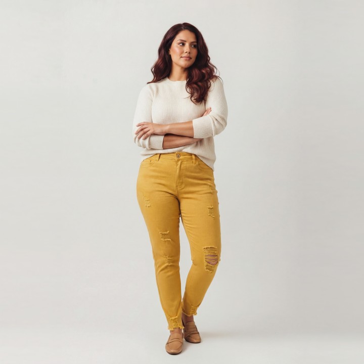 Jeans Skinny Rotos Mujer Amarillo Vivo