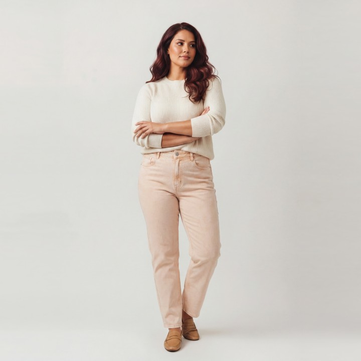 Jeans Rectos Mujer Rosa Lavado Cintura Alta