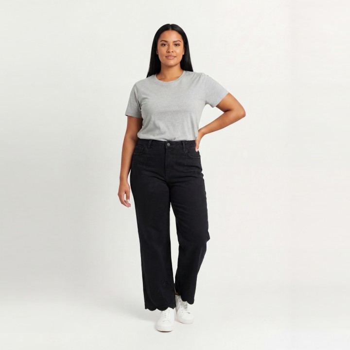 Jeans Wide Leg Mujer Negro con Bordado Floral Bajo