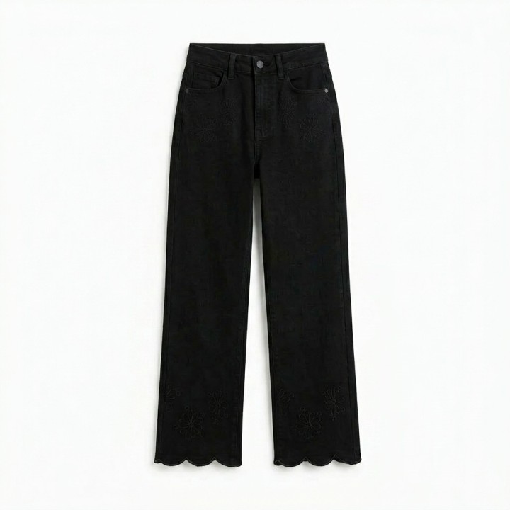 Jeans Wide Leg Mujer Negro con Bordado Floral Bajo